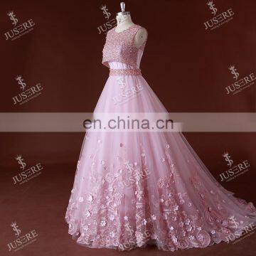 Stylish Sleeveless Flowers Lace Appliqued Beaded Low-Cut Back Ball Gown Pink Patterns Of Lace Evening Dresses In Istanbul 2016 photo-4
