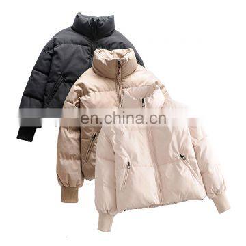 Classic Korea stylish cotton padded with zip pockets Women's Zip up rib cuff  Winter puffer jackets coats