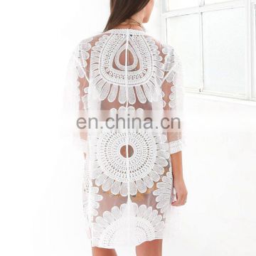 New 2019 Pareos Beach Cover Up Floral Embroidery Swim suit Cover Up Women Robe De Plage Beach Cardigan Bathing Suit Cover Ups