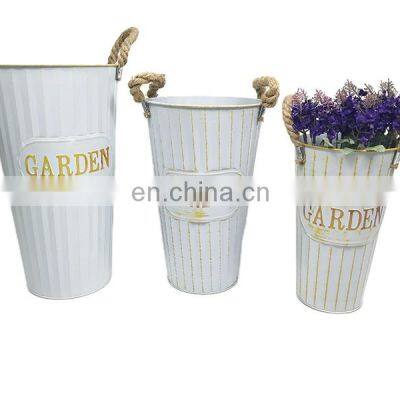 New Design Wholesale Home Decorative Garden Tabletop Plants Antique White Color Metal Painting Flower Pots With Hemp Handle Flower Vase photo-2