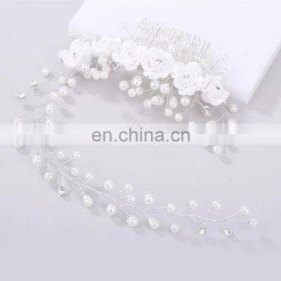Bridal Wedding Crystal Bride Hair Accessories Pearl Flower Headband Handmade Hairband Beads Decoration Hair Comb photo-4