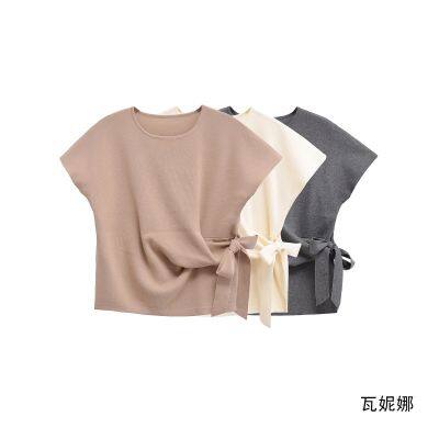 New style European-style women's casual and versatile off-shoulder short-sleeved soft knitted T-shirt