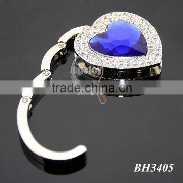 Blue Heart Crystal Rhinestones Fashion Lady Woman Hnadbag Hook Holder Foldable Alloy Metal Heart Bag Hanger photo-4