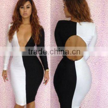 2014 backless deep V open spandex bodycon dress