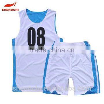 Newest plain design breathable basketball jersey set white and blue