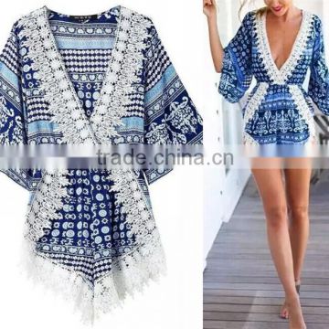 2016 Fashionable Design Free Size Beach Wear Lace Trim Kaftan Dress