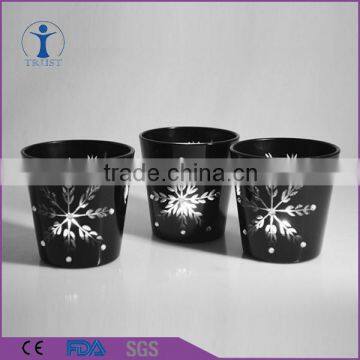 2016 new design snow pattern shaped electroplate black tealight candle glass