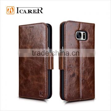 ICARER Oil Wax Genuine Leather Wallet Case for Samsung Galaxy S7 Edge with stand