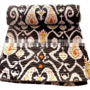 RTHKG-28 Indian Traditional Paisley Black Ikat Prints Vintage Look Bengali Cotton Kantha Gudari Bedspread Wholesaler Throws