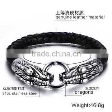 Best Gift For Valentine's Day Fashionable 316L Stainless Steel Genuine Leather Meterial Dragons Bangle Bracelets