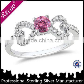 Unique designs two hearts cz rings, 925 silver ring with purple stone