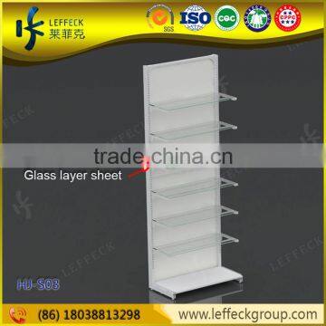 Customized shelving store display fixtures in glass layer sheets