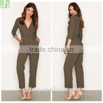 Office olive-green three-quarter sleeves straight leg design work jumpsuit with pocket