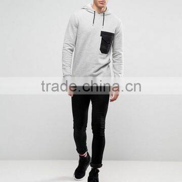 Custom Long Sleeve With Hood Contrast Pocket Longline Grey Men's 84% Cotton 16% Polyester Casual Fleece Pullover Hoodies photo-4
