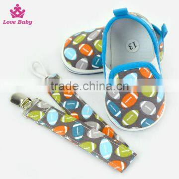 Stylish Rugby Pattern Newborn Blue Color Crib Shoes Baby Shoes Matching Pacifier Clip photo-4