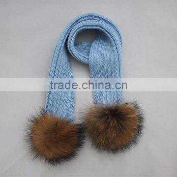 Myfur Boys Warm Wool Material Knitting Scarf with Real Removable Raccoon Fur Pom Pom