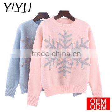 Women Pink Sweater Snowflake Pattern Christmas Pullover