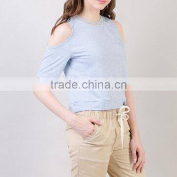 Womens Cold Shoulder Custom Cotton Tee Shirts photo-5