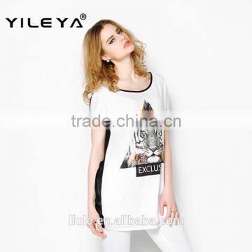 Latest Summer Fashion Long Style Tiger Pattern Print Women t Shirts Cheap, Cotton t Shirts With Transparent Back photo-4