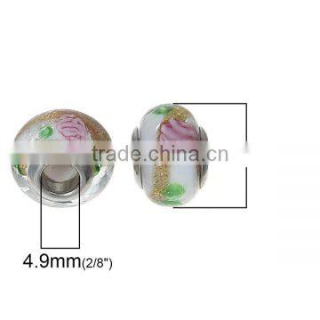 Lampwork Glass European Style Large Hole Beads Round Multicolor Flower With 304 Stainless Steel Silver Tone Core photo-2