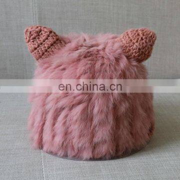 Winter women lovely rabbit fur knitted weaven hats with ears wholesale