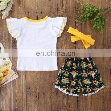 Baby Infant Clothing Set Kids Summer Clothes Deer Cow Ruffles Tops T-shirt Sunflower Tassel Shorts Toddler Outfit photo-3