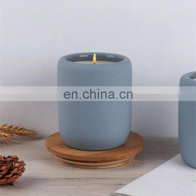 Hot Sale Good Quality Blue Ceramics Candle Cans Private Label Empty Home Scented Candle Jars Luxury With Wood Lid
