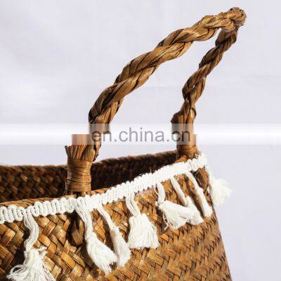 HBK Variety of Sizes Folding Seagrass Nature Rattan Laundry Belly Basket With Handle and Unilaminar Macrame