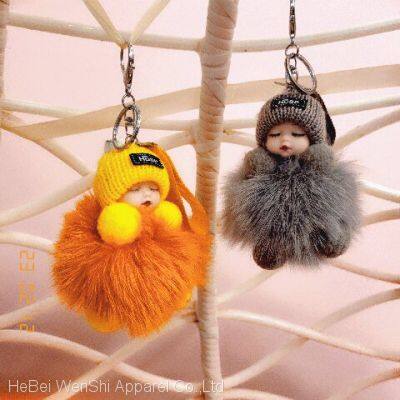 D88Sleeping Baby Doll Keychain Flower Pompom Rabbit Fur Ball Key Chain Fluffy Car Keyring Bag's Key Ring