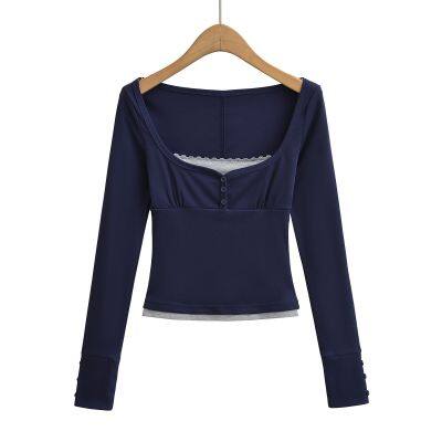 Blusa ajustada y adelgazante de dos piezas con mangas largas, con encaje vintage de estilo americano y bordada, hecha de tela sintética.