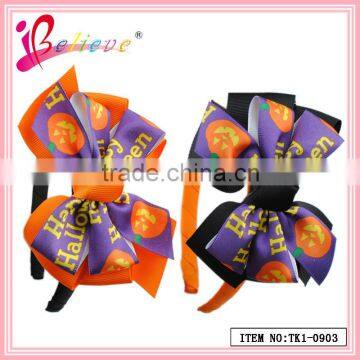 2014 Hot selling high quality wholesale fabric ribbon bow pumpkin halloween hair bands (TK1-0903)