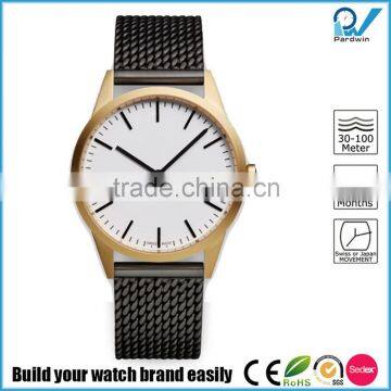 PVD satin gold case coating stainless steel or leather strap 5ATM water resistant unisex stainless steel fashion watch