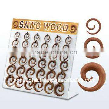 Display With 36 Pcs. of Sawo Wood Spiral Tapers - Size 8g - 00g (3mm - 10mm)