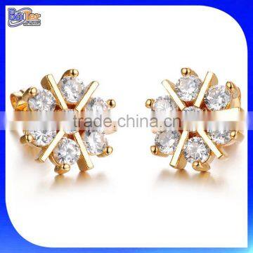 Custom Yellow Gold Plated Cubic Zircon Paved Snowflake Copper Earring Brass Earring