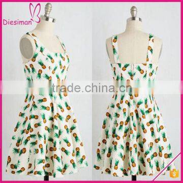 Ladies smart casual dress, fashion pineapple print new ladies dress