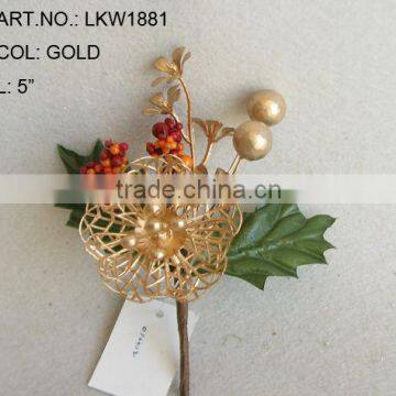 2014 New Artificial Christmas Gold Flower Pick 5" Artificial Rose Flower With Berries