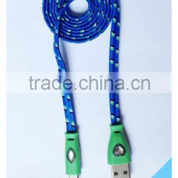 Wholesale Colorful Flat Noodle Diamond LED Fabric Braided Micro USB Cable for Samsung HTC