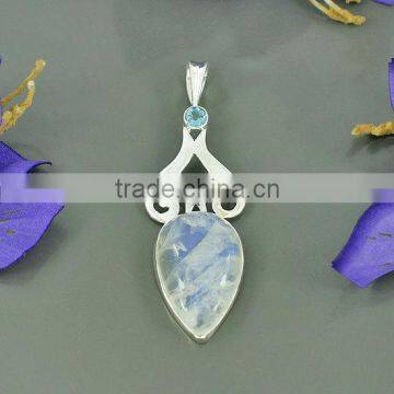 falak gems Rainbow Moonstone & Blue Topaz Gemstone Pendant - Bezel Artisan Gemstone Pendant