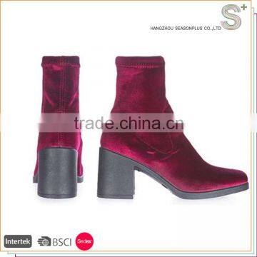 Modern style chunky heel velvet sock boots