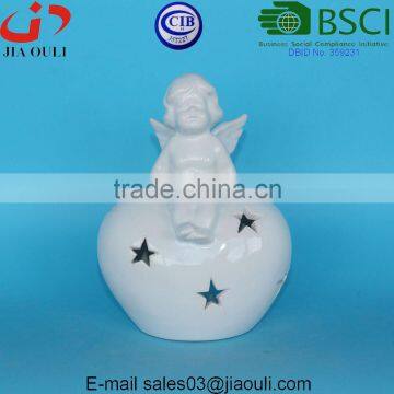 white Ceramic sitting Angel heart shape Candle lantern for home decor