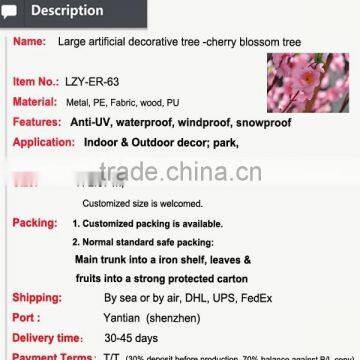 2015 Spring New Product Cherry Blossom Flower Lagrge Artificial Decorative Tree Artificial Cherry Blossom Tree photo-3