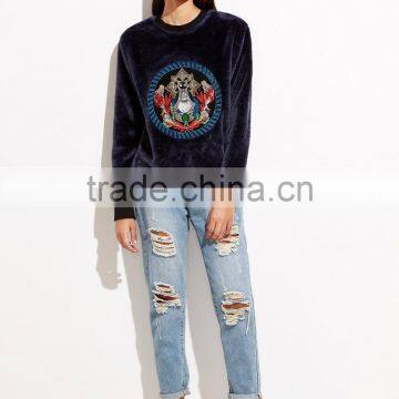 Navy Velvet Embroidered Sweatshirt Long Sleeve100 Cotton Frech Terry Custom Embroidery Sweatshirt Vintage Winter Coats photo-4