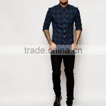 Man Skinny Shirt in Navy Buffalo Check With Long Sleeves photo-4