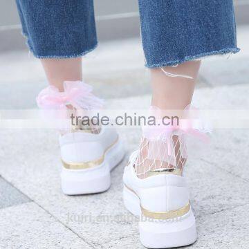 WS-23 2017New Hot Women Ruffle Large Fishnet Ankle High Socks Bow Tie Hollow Out Thin Mesh Lace Fish Net Short Socks