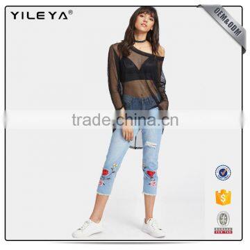 2017 Fashion Slim Fit Straight Leg High Waisted Embroidered Denim Pants Casual Women's Jeans photo-2