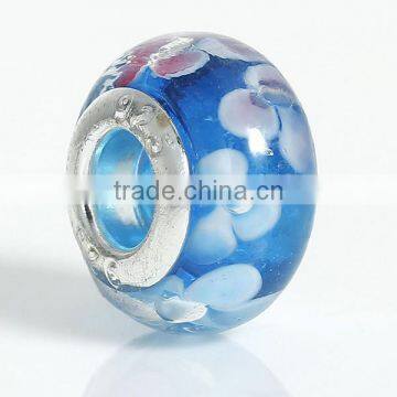 Round Silver Plated Core Flower Pattern Blue Transparent Lampwork Glass European Style Large Hole Charm Beads