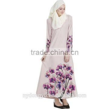 White elegance muslim dress/xger flwoer printed hemp abaya kaftan dresses/ pink islamic muslim women dress