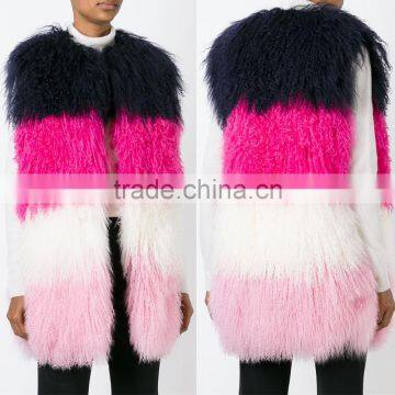 SJ206-01 Combined Colorful Lamb Fur Vest Mongolian from China Real Fur Vest for Women 2016