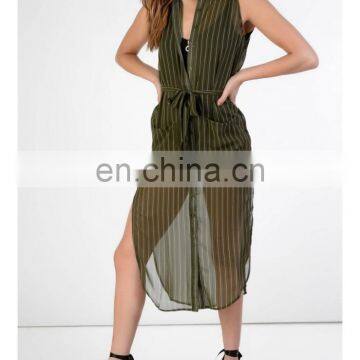 Hot selling women sleeveless shirt summer khaki stripe dress with belt