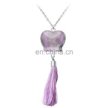 Fashionable New Purple Glass Silk Heart Shaped Tassels Pendant Latest Design Simple Sliver Plated Chain Necklaces